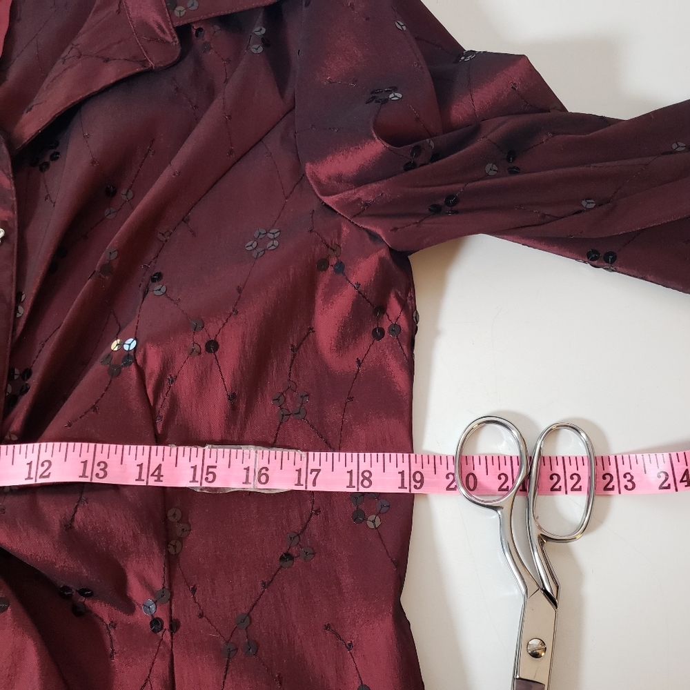 Vtg Oxblood Cachet Rheinstones Seqins Evening Faux Wrap Formal Blouse Top 16 - Picture 10 of 12